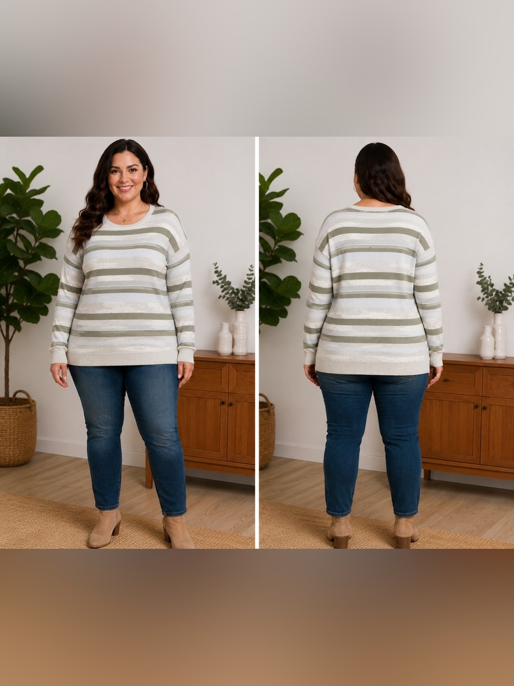 Denver Hayes Women’s XXL Striped Lightweight Knit Sweater Sage Green & Cream